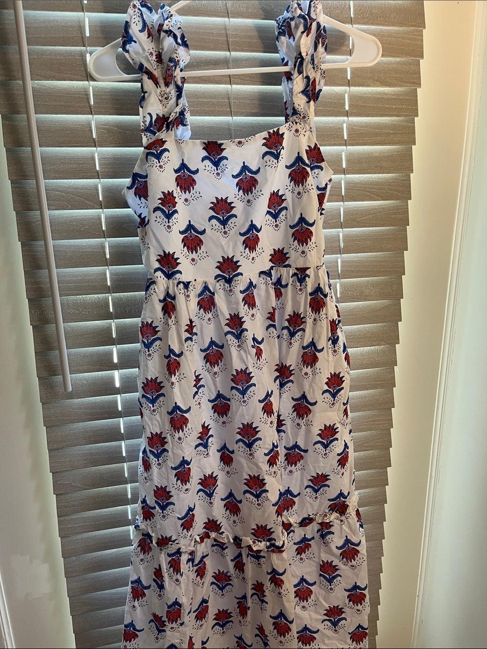 J. Crew Factory White Maxi Dress with Red & Blue Floral Print